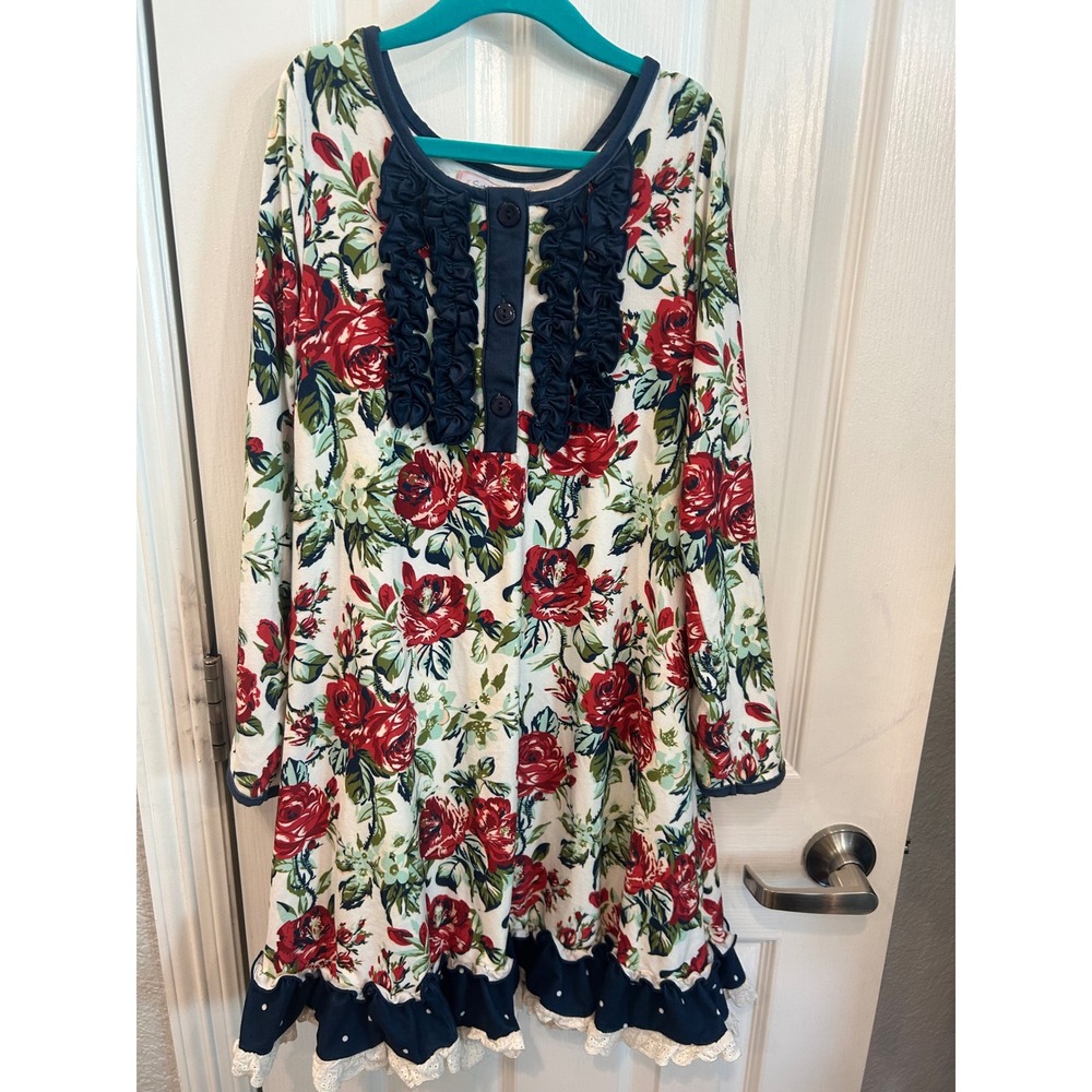 Sweet Honey Dress White Red Floral Ruffle Lace Long Sleeve Boutique Girls 12Y